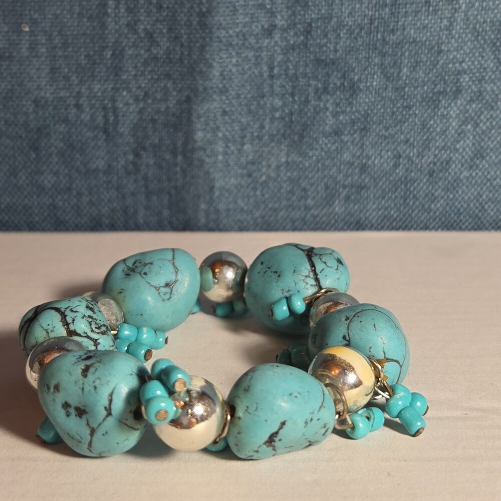 Chunky Faux Turquoise Silver Tone Stretch Bracelet Boho Y2K NWOT - Picture 7 of 16